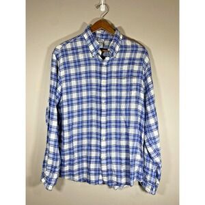 Brooks Brothers 1818 Shirt REGULAR Mens L Blue Plaid 100% Linen Button Up Pocket